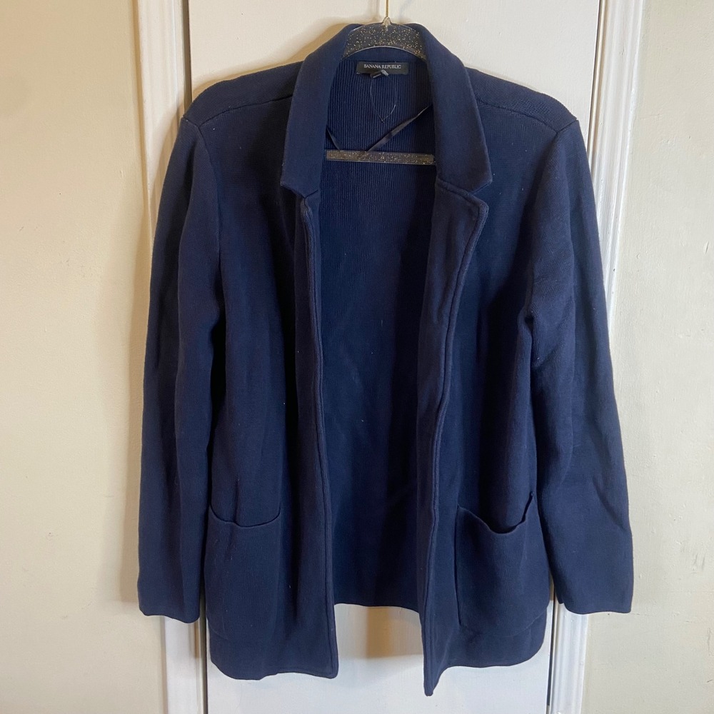 Banana Republic Womens Navy Blue Open Front Cardigan Sweater Notched Lapel M